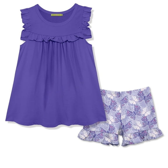 Millie Loves Lily Girls Blue Iris Ruffle Top and Butterfly Printed Ruffle Short Set,Big Girls,Size 6 2-PCS