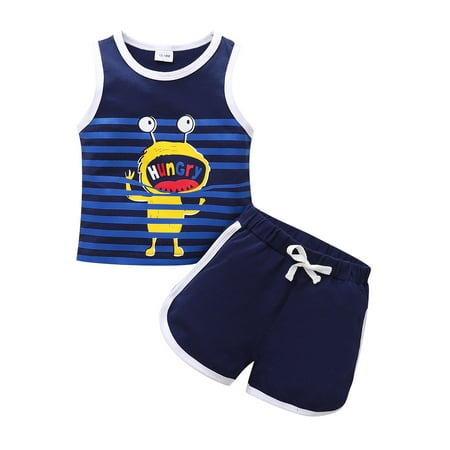 

Kucnuzki 18 Months Baby Boy Summer Outfits Shorts Sets 24 Months Sleevless Contrast Stripe Monster Prints Tank Tops Elastic Cozy Shorts 2PCS Set Blue