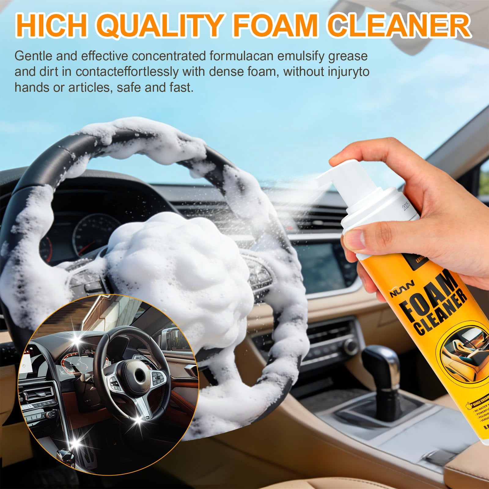 D・Cosmetics SZZD Foam Cleaner for Car, Lemon Scent Car Interior Cleaner, Multi