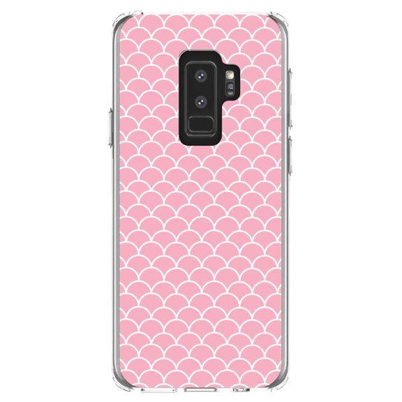 DistinctInk Clear Shockproof Hybrid Case for Samsung Galaxy S9  PLUS (6.2" Screen) - TPU Bumper, Acrylic Back, Tempered Glass Screen Protector - Light Pink Scalloped Pattern