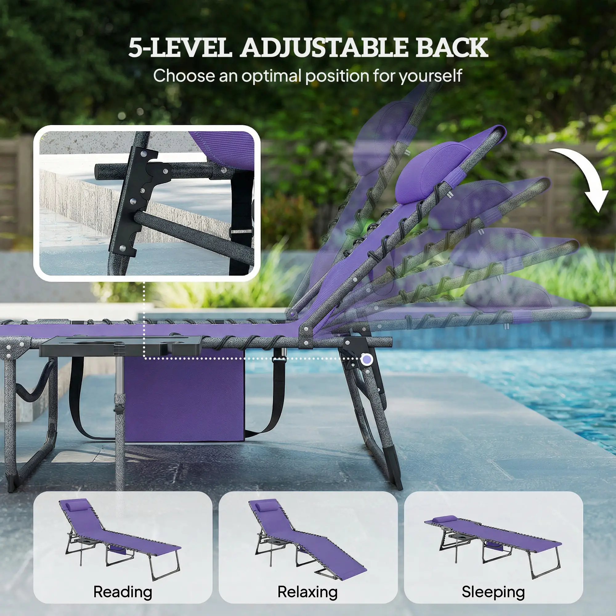 Outdoor Folding Sun Lounger 5-Position Adjustable Recliner with Padded Head Pillow Side Pocket & Tray Table 600D Oxford Fabric Heavy-Duty Pool Beach Chair