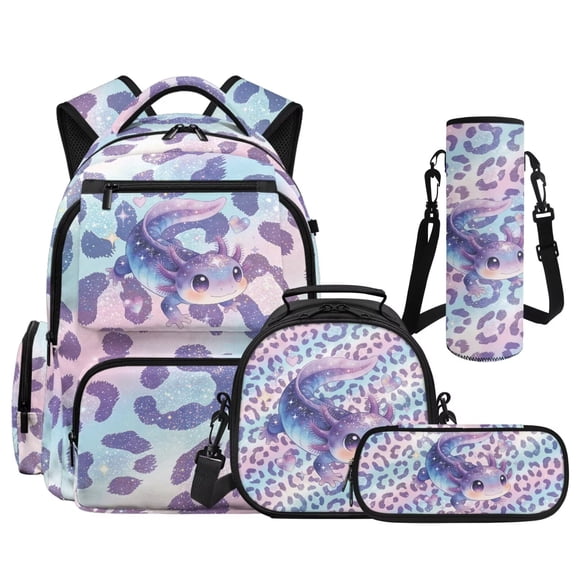 KUIFORTI Axolotl Purple Bookbag with Lunch Box 4Pcs Kids Backpack Set for Elementary Primary Middle School Boys Girls School Bag with Pencil Case Water Bottle Sleeve