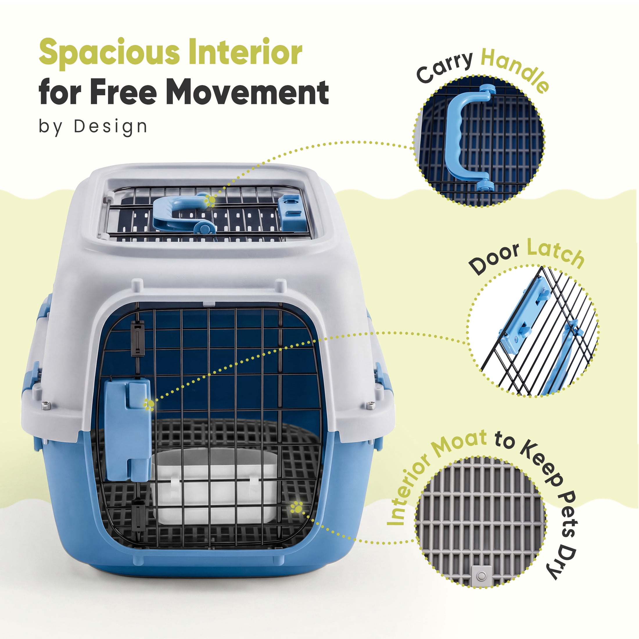 EDX Dog Crates for Small Dogs & Cat Carriers, Two-Door Plastic Pet Kennel, Top & Front Loading, 23", Gray&Blue