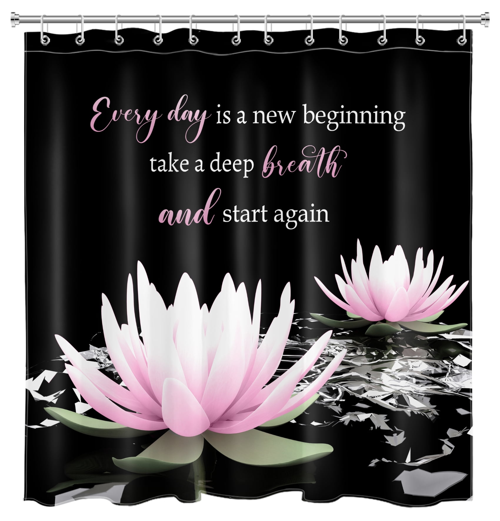 HVEST Pink and Black Floral Shower Curtain with Pink Water Lily and Inspirational Quotes Design - Zen Spa Flower Bathroom Decor, Waterproof Polyester Fabric, Includes 12 Hooks, 72x72 Inches