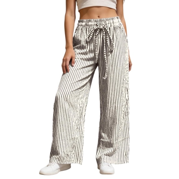 DHFJKG Summer Pants Women Wide Leg Sweatpants Classic Striped Drawstring Lightweight Breathable Beach Pants Cozy Trousers