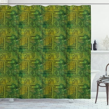 Patchwork Shower Curtain, Tribal Style Geometric Lines on Green Watercolor Background Digital Print, Fabric Bathroom Set with Hooks, 69W X 75L Inches Long, Black Yellow Green, by Ambesonne