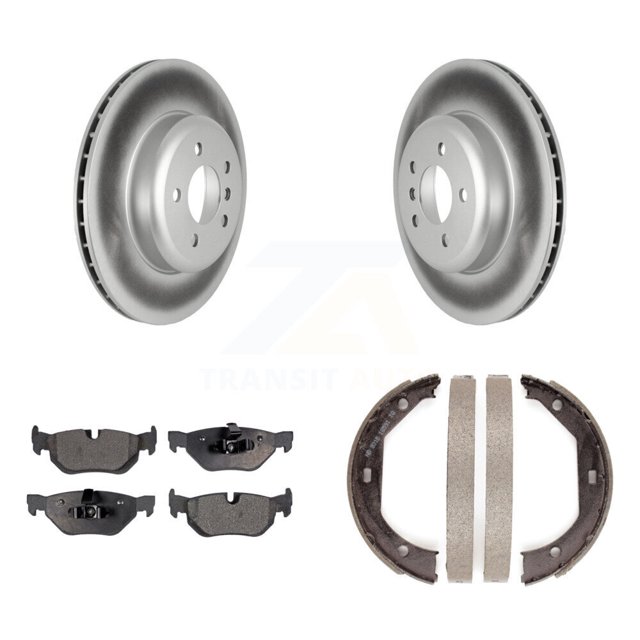 Transit Auto Rear Disc Coated Rotors Ceramic Pads and Parking Brake Shoes Kit for Car 2013 BMW 328i xDrive Sedan Coupe with AWD 3.0L with 345mm Diameter Rotor KGT-103677