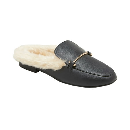 A New Day Women's Faux Leather Fur Backless Mules Simple Slip-on Style Black