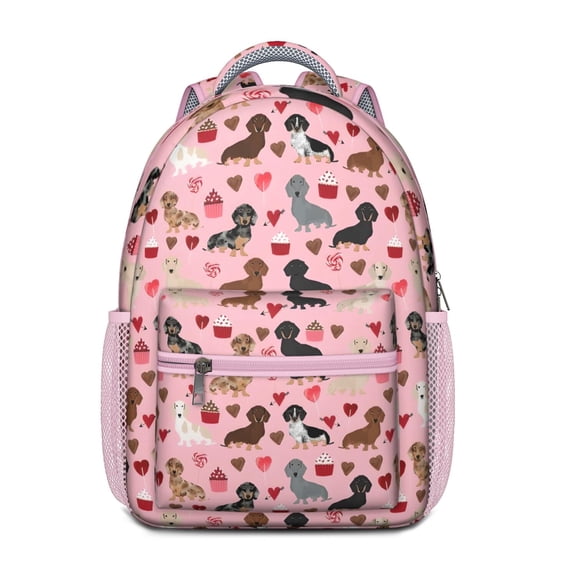 Pink Cute Dachshund Dog and Love Heart Backpack for School,Cute School Bag,Schoolbag with Adjustable Shoulder Straps & Padded Back,15.3"x11"x6.7"