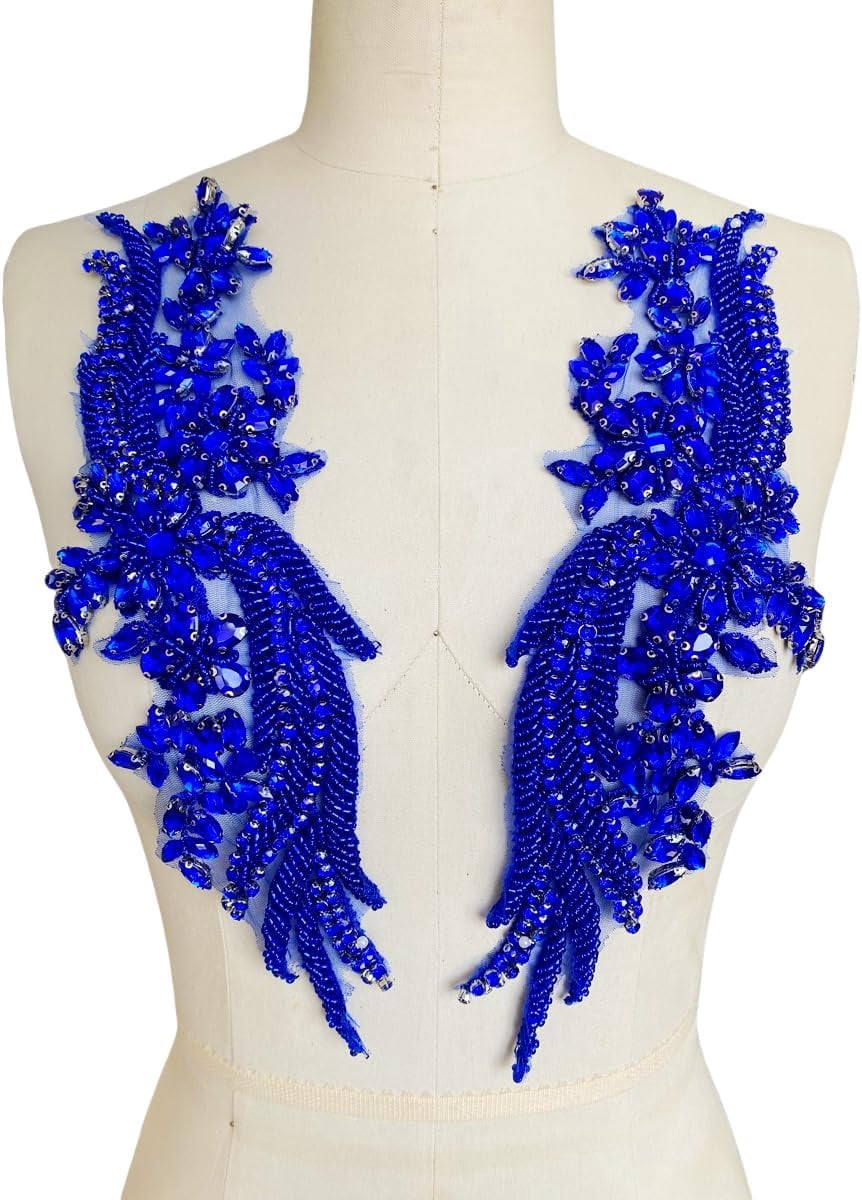 1 par de parches de cristal hechos a mano con cuentas corpiño encaje DIY apliques parches accesorio para ropa de vestir 35X12cm (Blue)