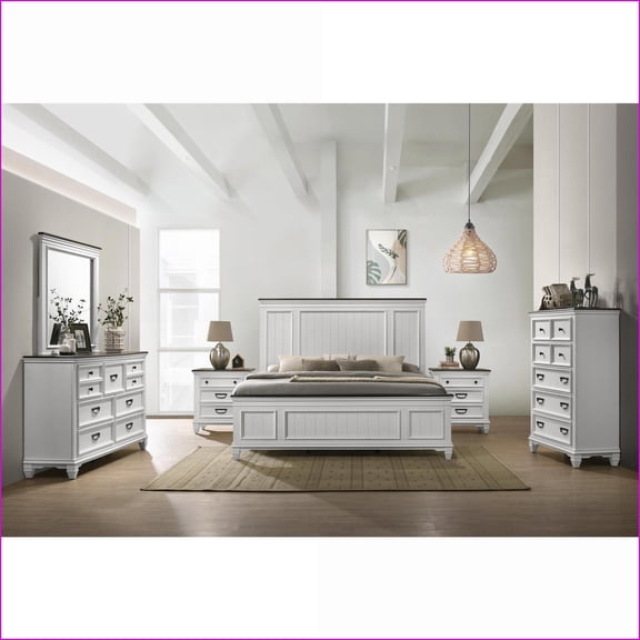 Bedroom Set 6-Piece Queen with Shiplap, Dresser, Mirror, Nightstands, Chest | Weathered White Dark Gray | Wood | Standard Beds