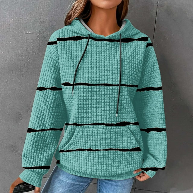 EGNMCR Sweat à Capuche à Manches Longues pour Femmes, Imprimé Rayé, avec Poches, Automne