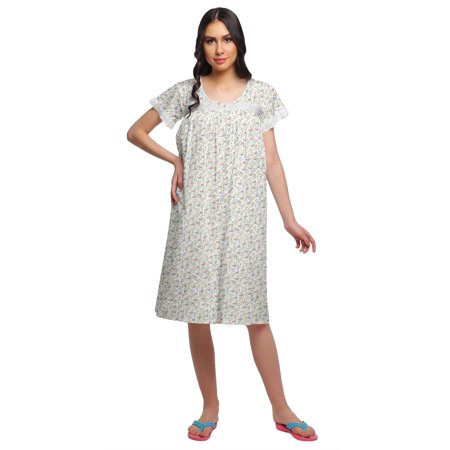 

Moomaya Printed Cotton Lace Border Sleepwear Women Short Sleeve Nightdress