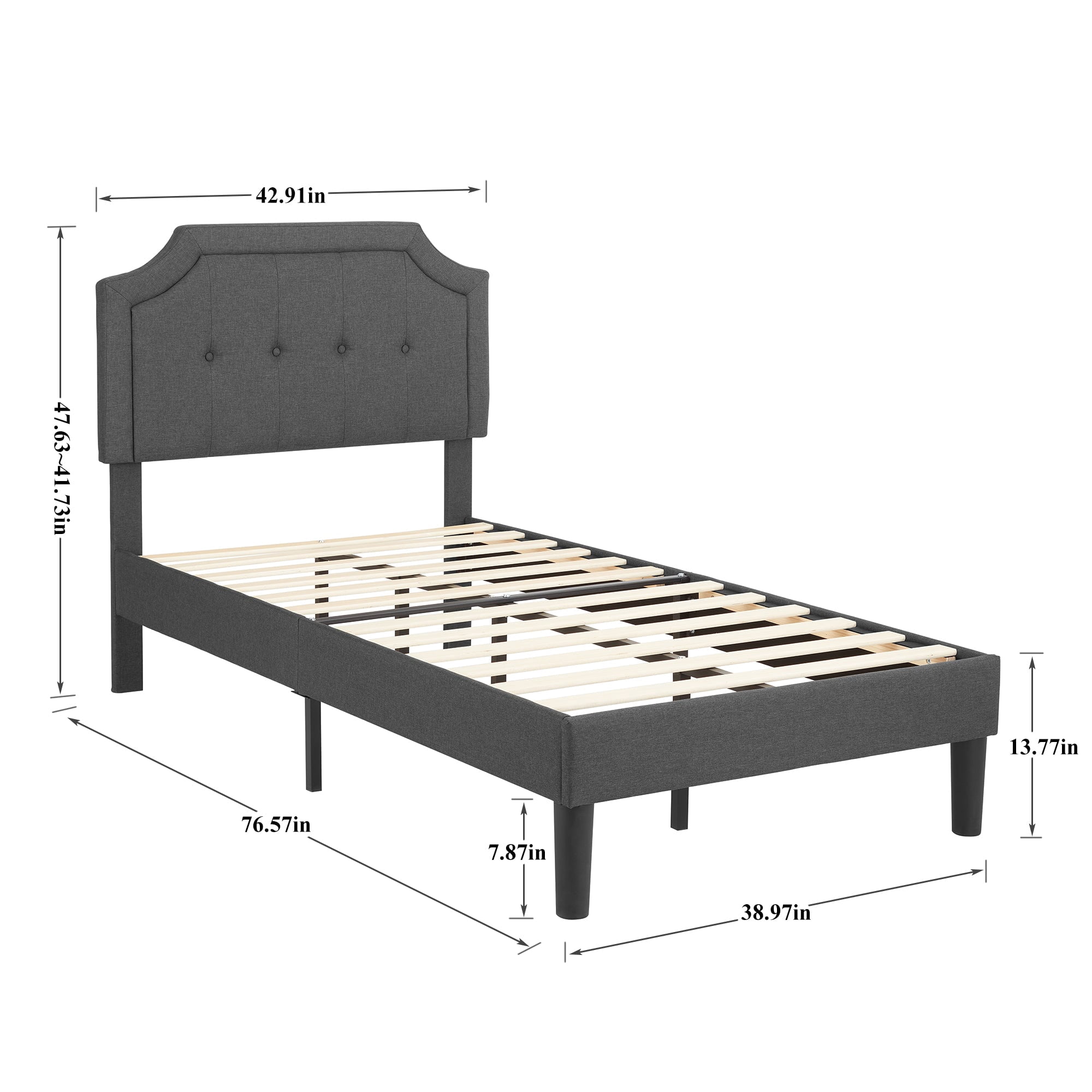Javlergo Twin Size Bed Frame with Upholstered Adjustable Diamond Stitched Panel Headboard, Wood Slat Support/Easy Assembly, Gray