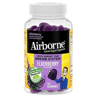 Airborne Elderberry   Zinc & Vitamin C Gummies For Adults, Immune Support Vitamin D & Zinc Gummies With Powerful Antioxidant Vitamins C D & E - 50 Gummies, Elderberry Flavor