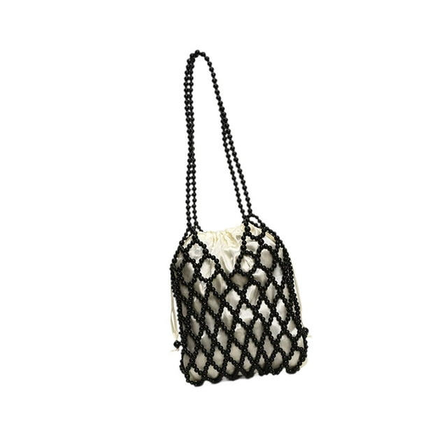 Bolso bandolera de cuentas, ligero, moderno y portátil, ideal para vacaciones. Bolso tote único, tejido a mano. Negro