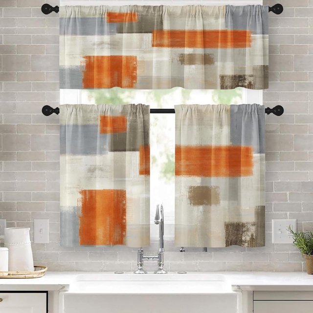 36 Inch Kitchen Curtains Beige and Orange Abstract Art Window Curtains and Valances Set of 3,White Modern Art Background Short Tier Curtain for Kitchen,Vintage Small Kitchen Decor