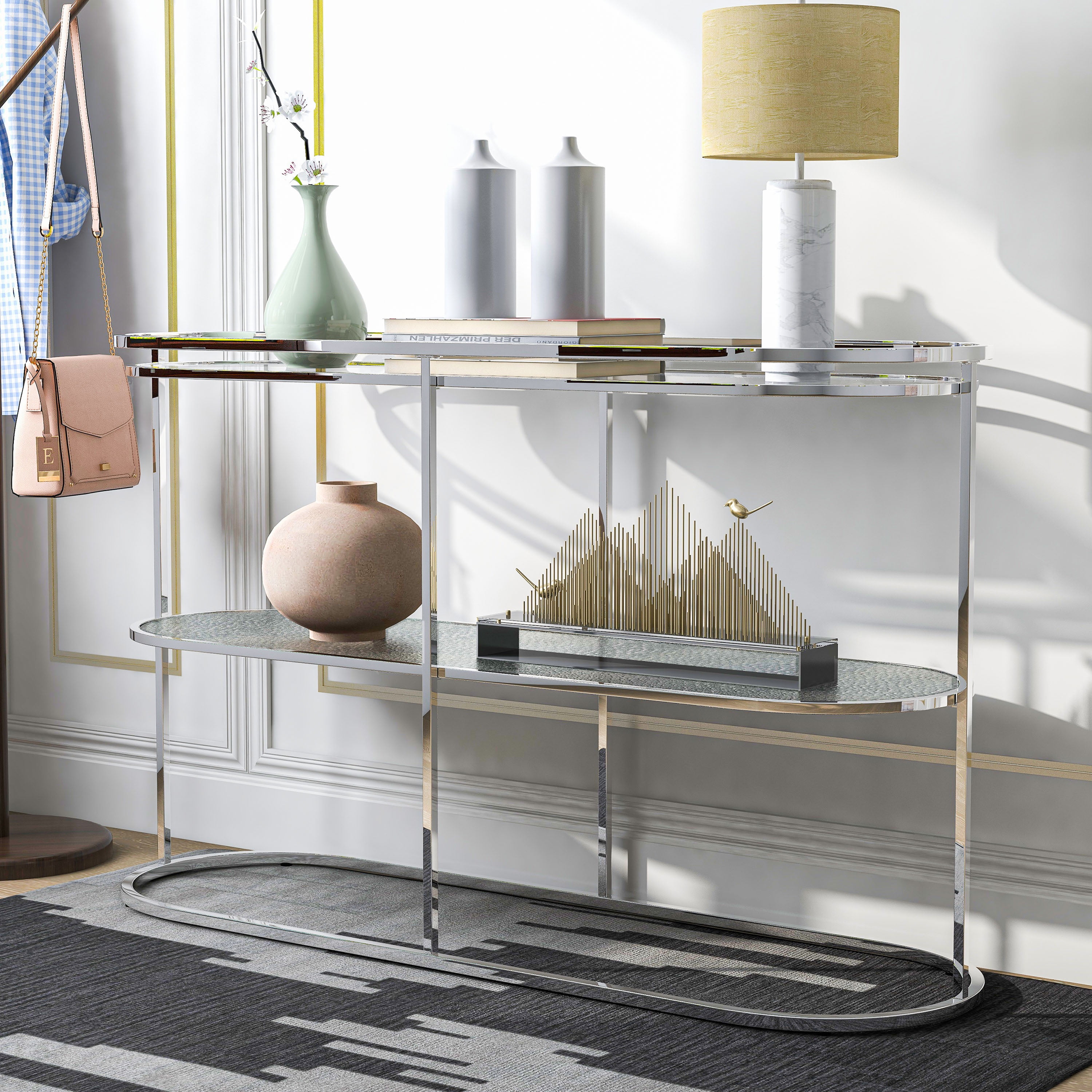 Furniture of America Auro 1-Shelf Water Ripples Pattern Glass Top and Chrome Sofa Table