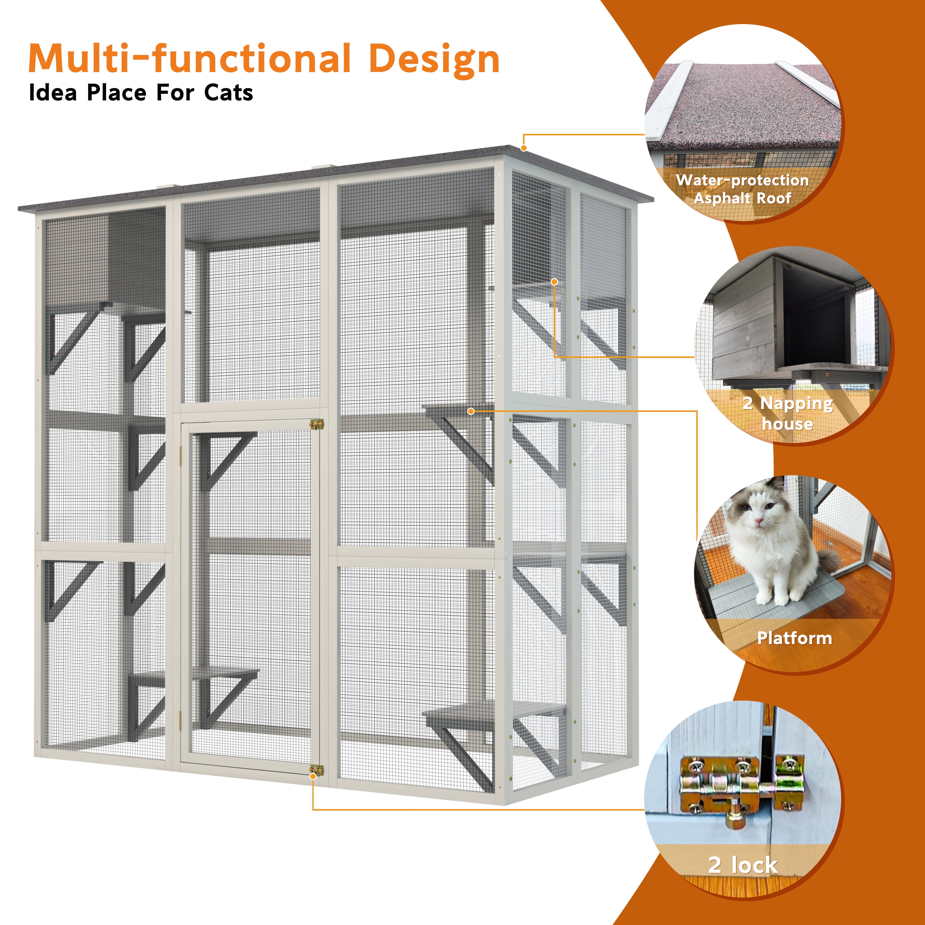 Zephypaws 71in Outdoor Wooden Cat Catio,Large Solid Wood Cat Cage Playpen with 6 Jumping Platforms & 2 Napping Houses,Walk-in Cat Kennel Condo Shelter,Gray