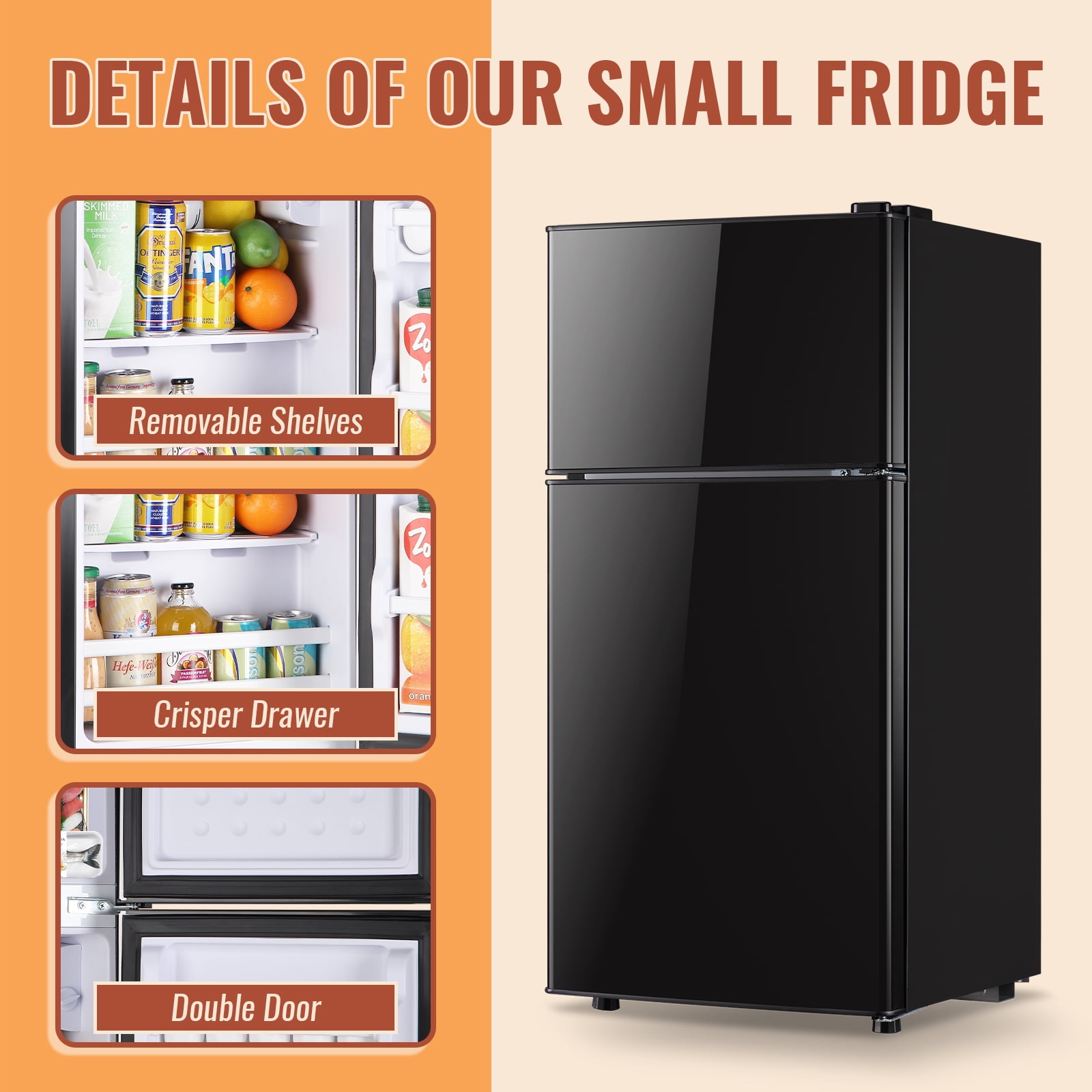 2.4 Cu.Ft Mini Fridge Small Refrigerator with Freezer 2 Removable Plastic Shelves Two Door Black New