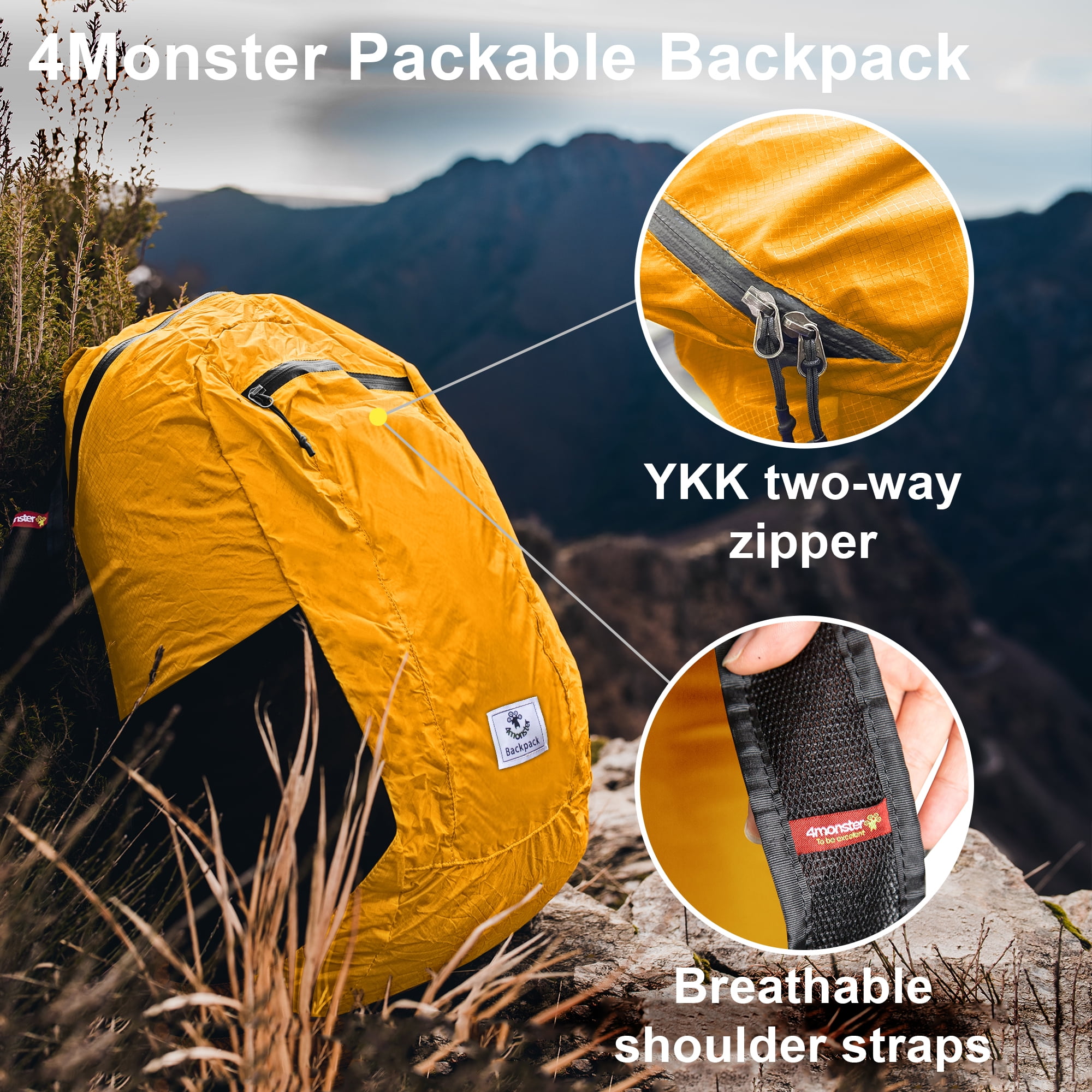4Monster Hiking Daypack,Water Resistant Packable Backpack, 16Liters, Black, Adult Unisex