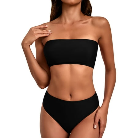 MSJUHEG Swimsuit Sets Black Two Piece Swimsuits for Women Bandeau Bikini Set Two Piece Swimsuit Multi Breast Top Lace Up Bikini Swimsuit Bikini Sets for Women Bathing Suit for Women Bikini Black S