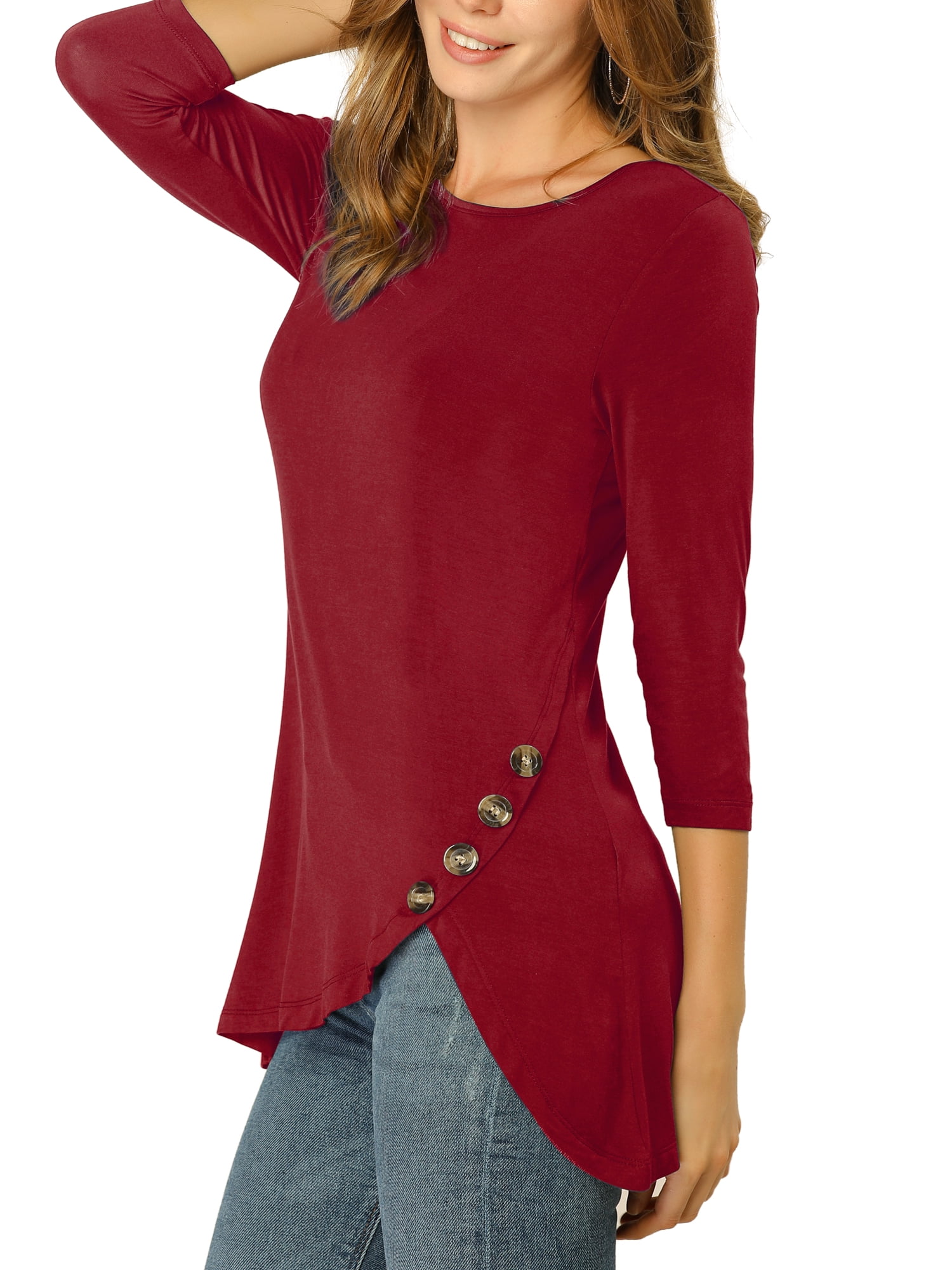 DARING DIVA Women's Casual Stretchy Tunic Asymmetric Hem Top S Burgundy