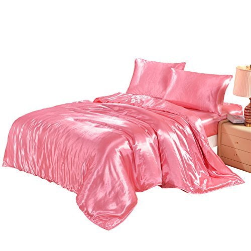 DREFEEL Hotel Quality Pink Duvet Cover Set King Size Silk Like Satin Bedding with Hidden Zipper Ties Soft Smooth Durable Stain Resistant Solid Quilt/Comforter Cover Set