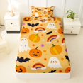 thumbnail image 3 of Feelyou Cute Ghost Pumpkin Twin Sheets, Kawaii Bat Rainbow Bedding, Orange, 3 Pieces, 1 Flat Sheet, 1 Fitted Sheet and 1 Pillowcase, 3 of 5