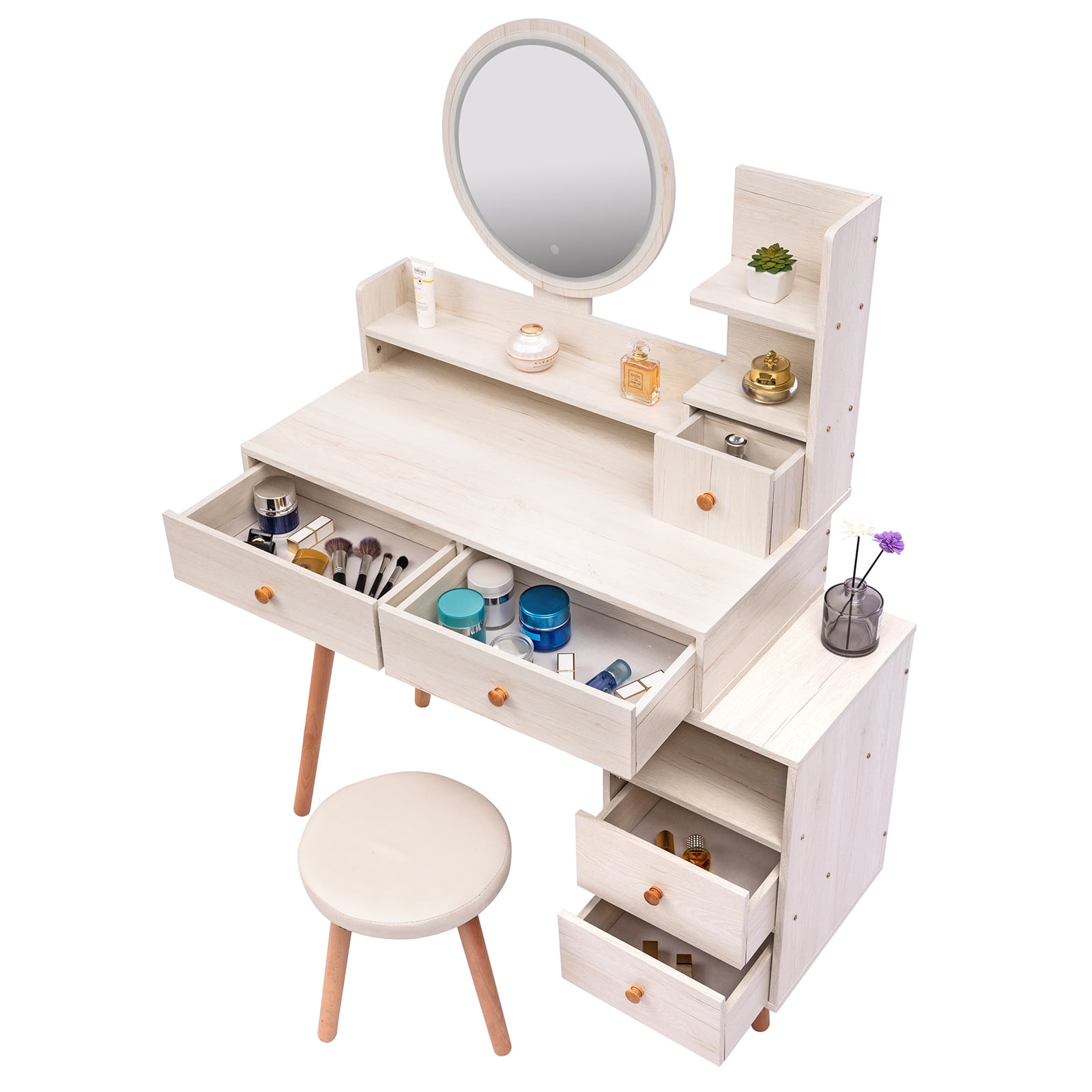 AENKYO Vanity Table Set with Touch LED Mirror & Stool, 5-Drawer Storage, Adjustable Makeup Desk for Girls & Women - White
