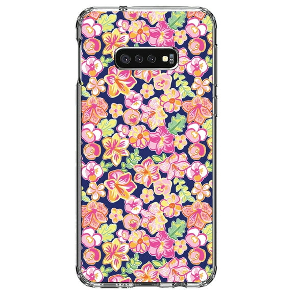 DistinctInk Clear Shockproof Hybrid Case for Samsung Galaxy S10e (5.8" Screen) - TPU Bumper, Acrylic Back, Tempered Glass Screen Protector - Preppy Pattern - Pink Green Navy Flowers Floral