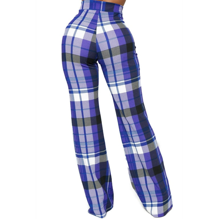 Julycc Women Plaid Check High Waist Bootcut Flare Pants Wide Leg