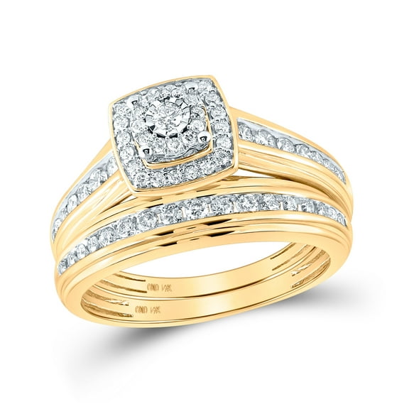 14K Yellow Gold His Hers Round Diamond Halo Matching Wedding Set 7/8 Cttw, Womens Size: 5-10, Mens Size: 7-13