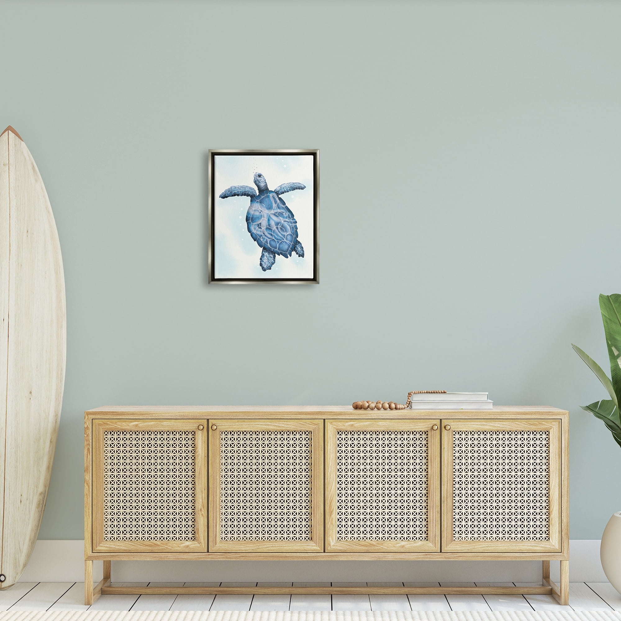Stupell Industries Swimming Blue Sea Turtle Patterned Tentacles Shell Graphic Art Luster Gray Floating Framed Canvas Print Wall Art, Design by Darlene Seale