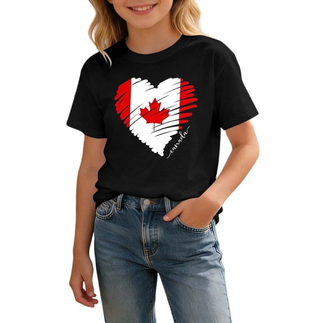 T-Shirt Drapeau Canadien Filles Drapeau Canadien Col Rond Manches Courtes Blouse Enfants Fête de l'Indépendance Canadienne Décontracté Patriotic 1st July Coupe Régulière Filles Fête du Canada T-Shirt Graphique