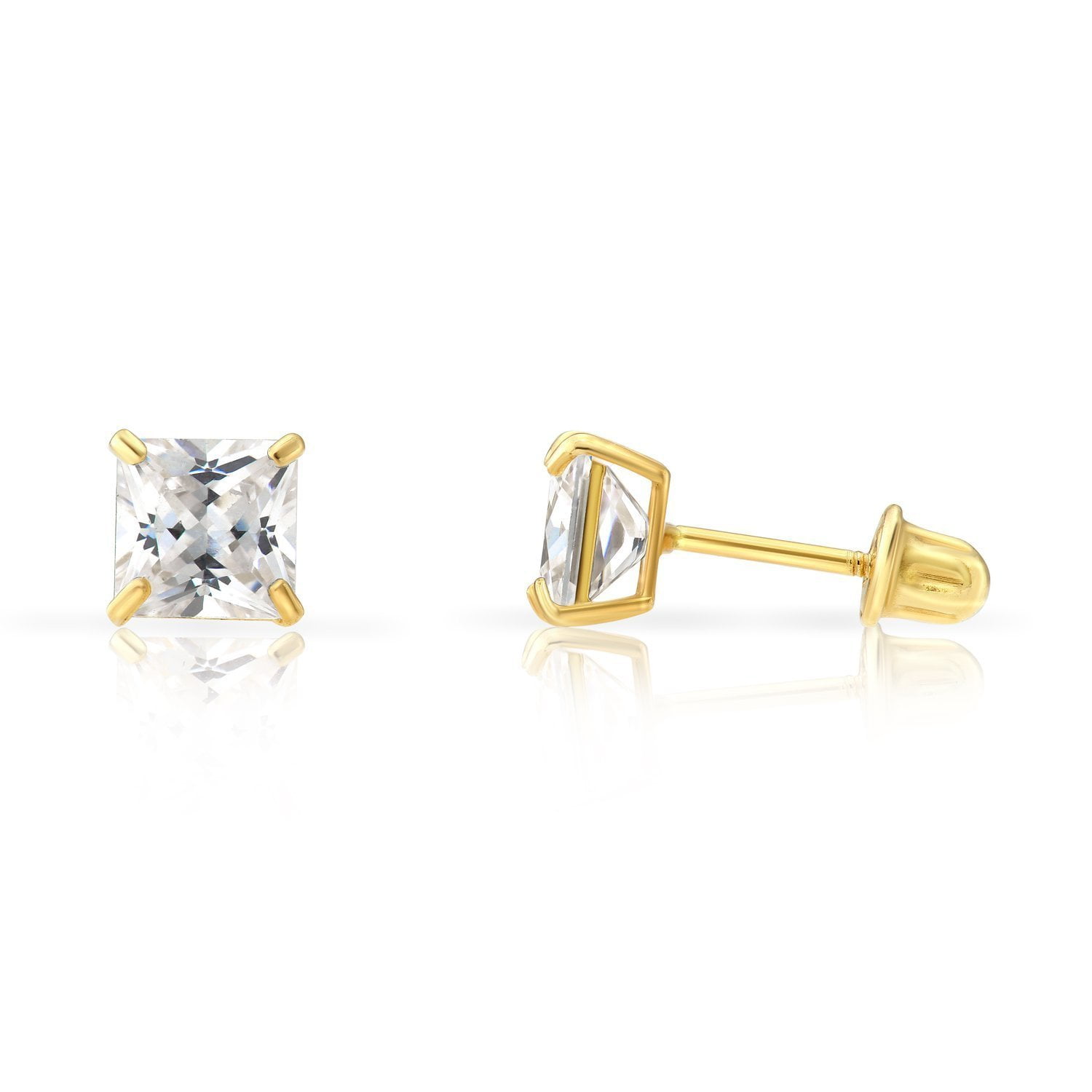 14k Yellow Gold Cubic Zirconia Princess Cut Stud Earrings with Screw Backs