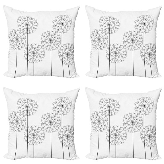 Ambesonne Floral Throw Pillow Cover 4 Pack, Digital Flower Dandelion, 20", Black and White