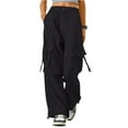 thumbnail image 2 of Womens Cargo Pants High Waisted Baggy Wide Leg Plus Size Parachute Pants with Pockets and drawstring Cargos Lightweight Trousers Y2K Black XL, 2 of 7