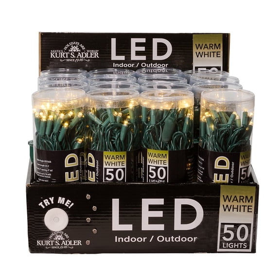 50 Warm White LED Christmas Lights, 5mm, Green Wire – UL-Listed by Kurt Adler  Kurt Adler UL-Listed 50-Light LED String Lights, Warm White, Green Wire  50-Count Warm White LED Christmas Light Set, Gr