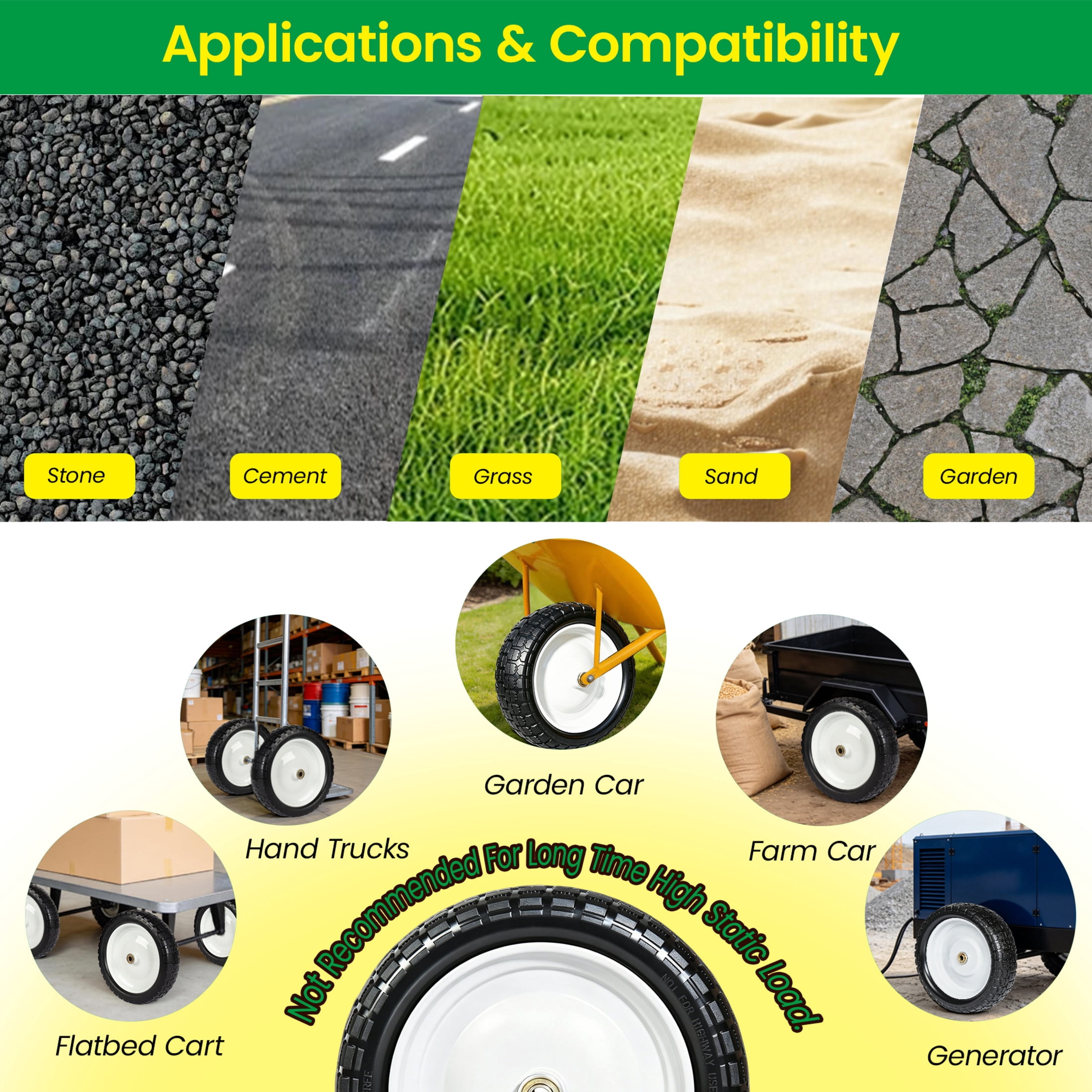 Noble House 13" x 3.5" Solid Rubber Flat-Free Tires & Wheels with Flat-Free Design for Trailer, Black & White, Set of 2