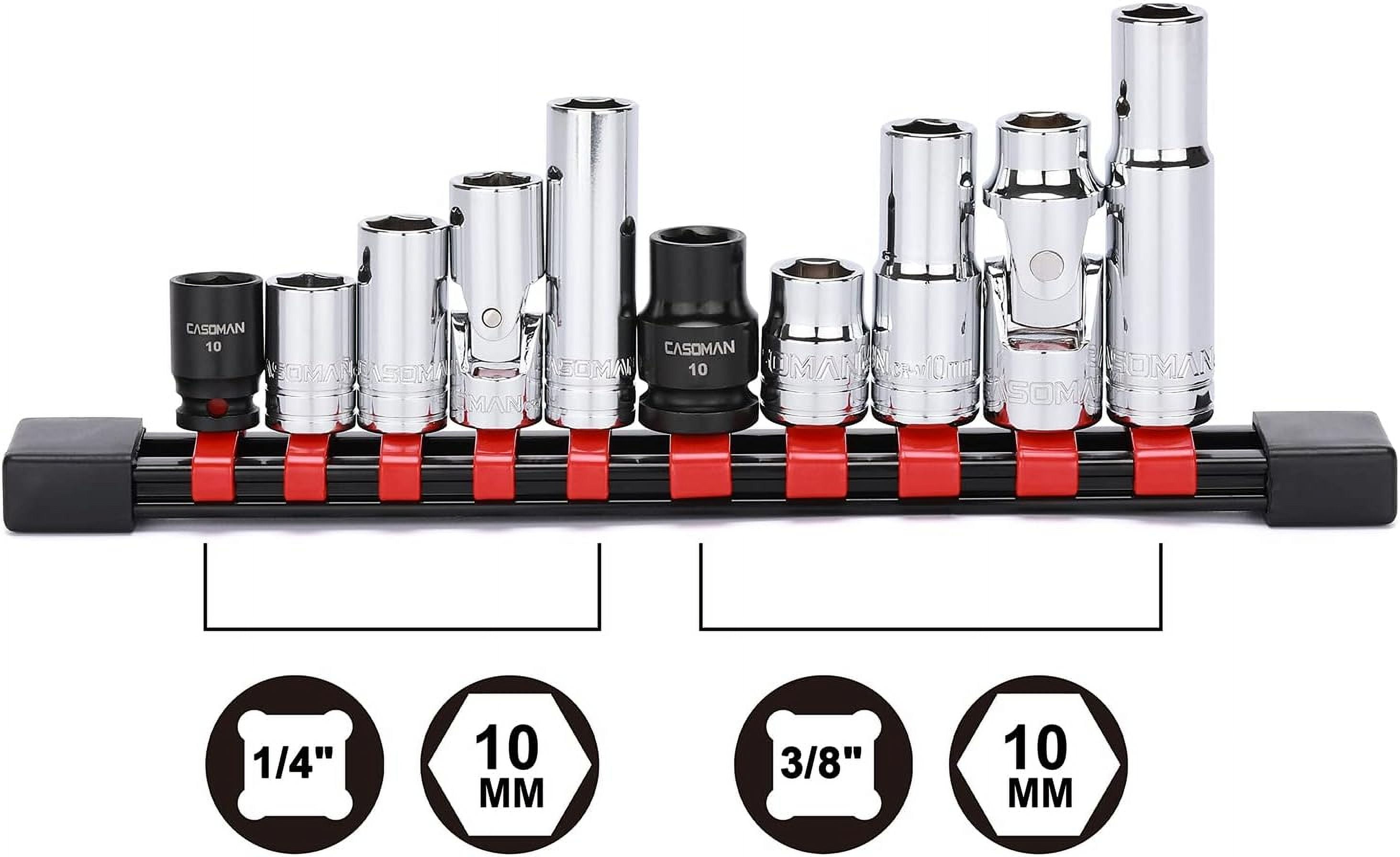 RGHJAR-10Pcs Impact Socket & Flex Socket Set, 1/4" & 3/8" Dr., 6-Point, 10mm, Metric, Include Magnetic impacet Socket, Storage Rail