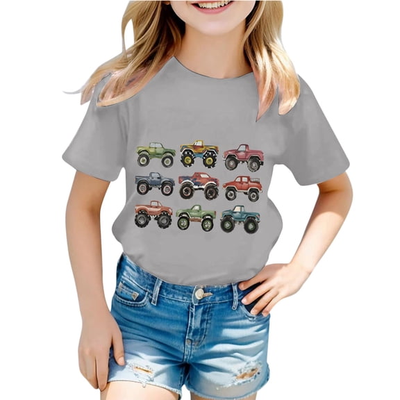 WOYY Toddler Girls Short Sleeve T-Shirt Car Print Crew Neck T Shirt for Kids, Sizes 1-13