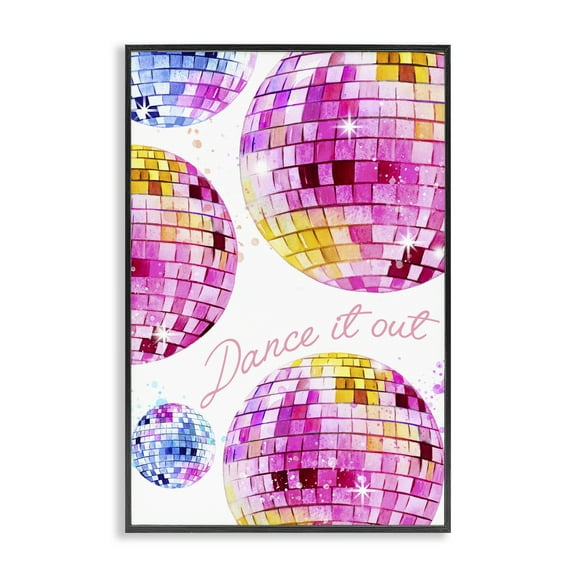 Stupell Industries Dance It Out Disco Balls Typography Painting Black Framed Art Print Wall Art, 12 x 18