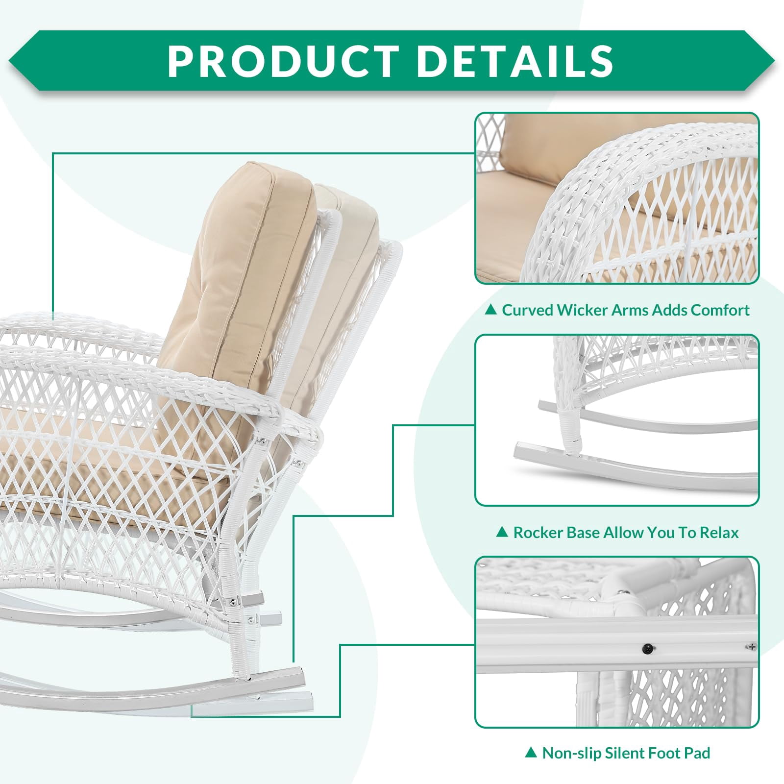 VIVIJASON 3-Piece Outdoor Conversation Bistro Set, Patio Wicker Rocking Chairs Rattan Furniture Sets w/ 2 Rattan Chairs, Cushions, Glass Top Side Table for Garden Porch Backyard (White Wicker/Beige)