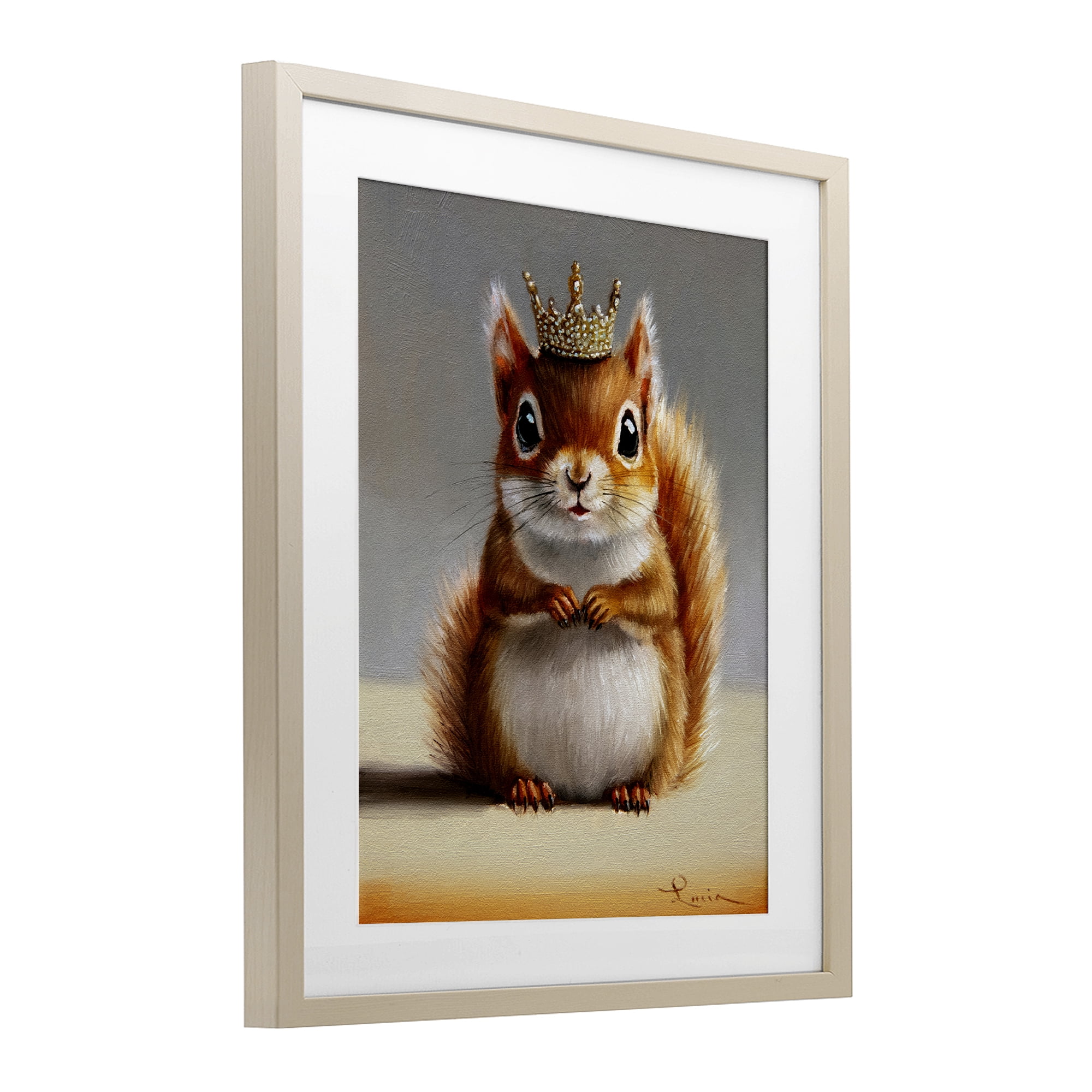 Fancy Crowned Squirrel Birch Framed Print Under Glass, design by Lucia Heffernan
