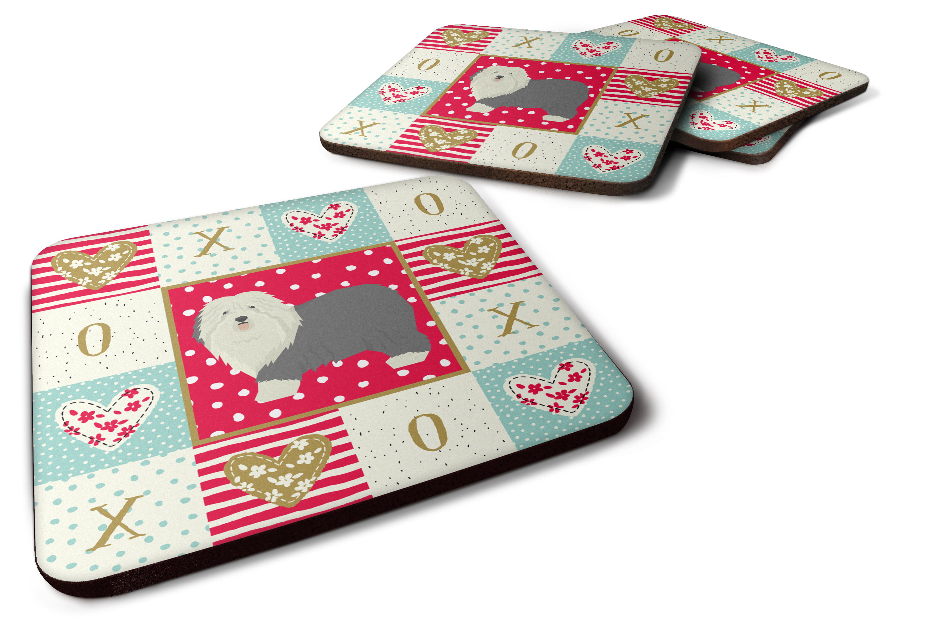 Multicolor Carolines Treasures LH9171FC Old English Sheepdog Valentines Love and Hearts Foam Coasters 3.5 H x 3.5 W Set of 4 