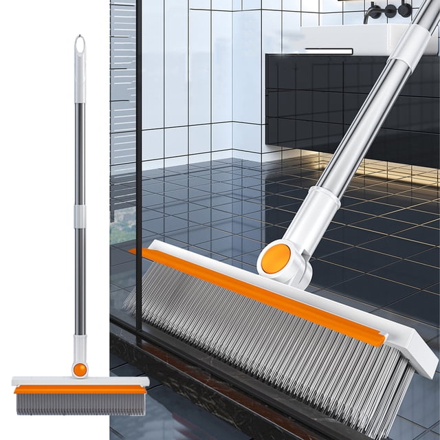 Cepillo para pisos 2 en 1 con mango, cerdas rígidas en forma de V para juntas y rascador, cabezal giratorio de 180° para limpiar azulejos y duchas, color naranja, 100 cm de largo