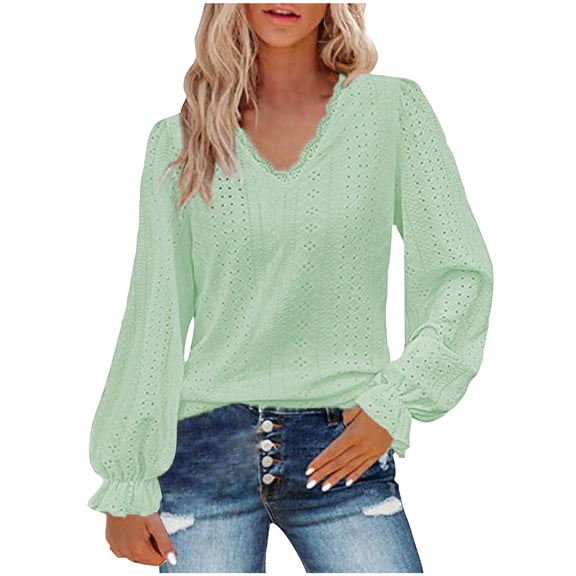 fatyb Women's Dressy Tops V Neck Puff Long Sleeve Eyelet Blouses Casual Work Shirts Workwear