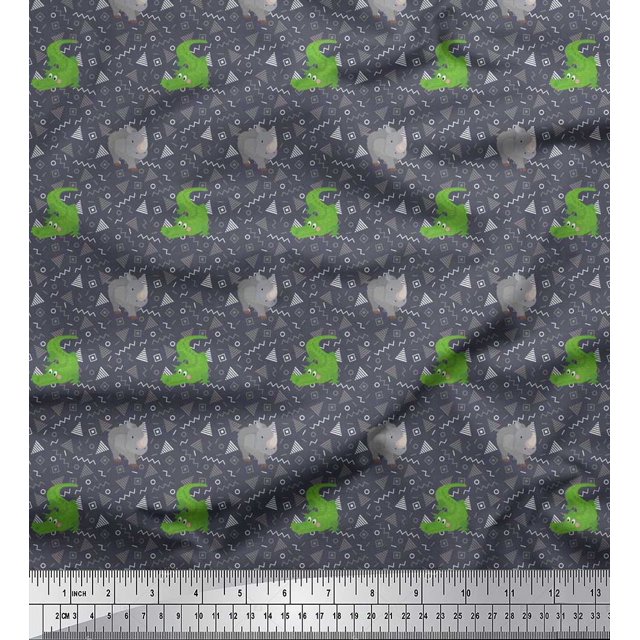 Soimoi Poly Crepe Fabric Geometric Shapes,Crocodile & Rhinoceros Kids Printed Fabric 1 Yard 52 Inch Wide
