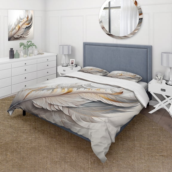 Designart "Feather in White Watercolor" Modern Bedding Covert Set - Abstract Transitional White Abstract Bed Set With 2 Shams